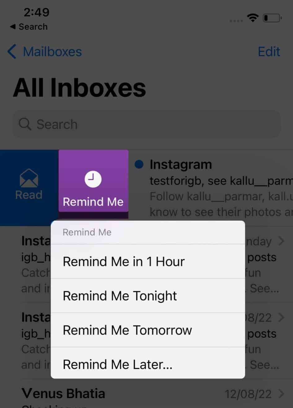Remind Me feature in Apple Mail on an iPhone