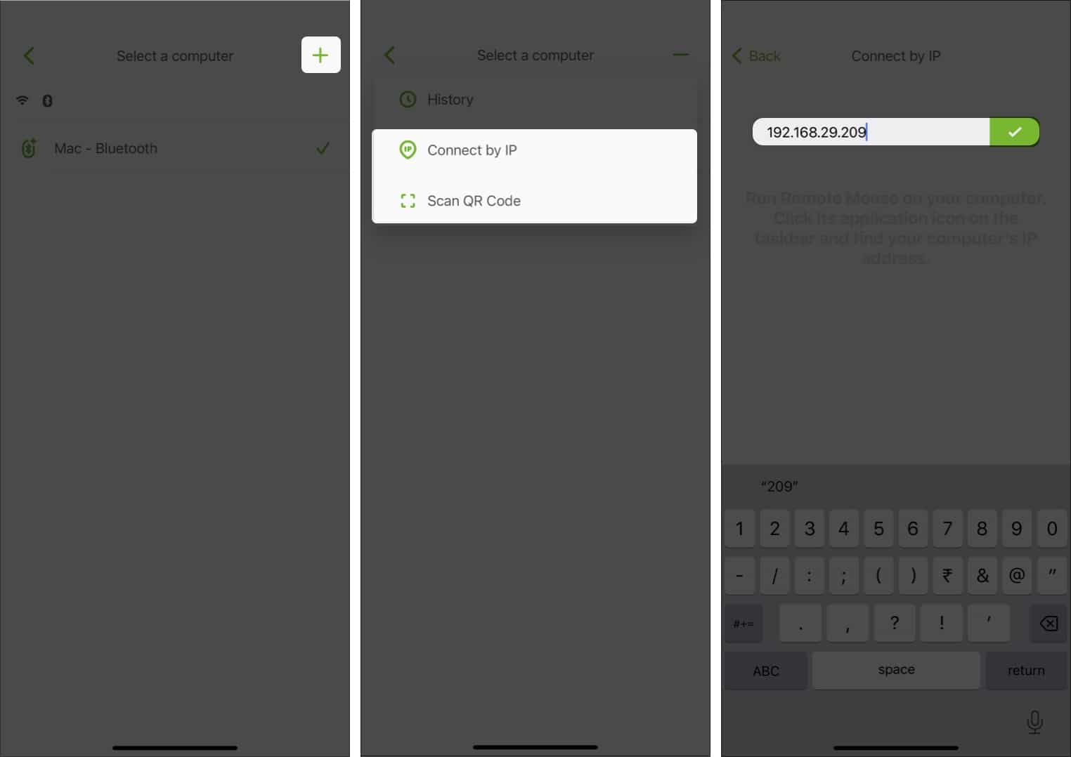 Steps highlighting to add a Mac in Remote Mouse app on an iPhone