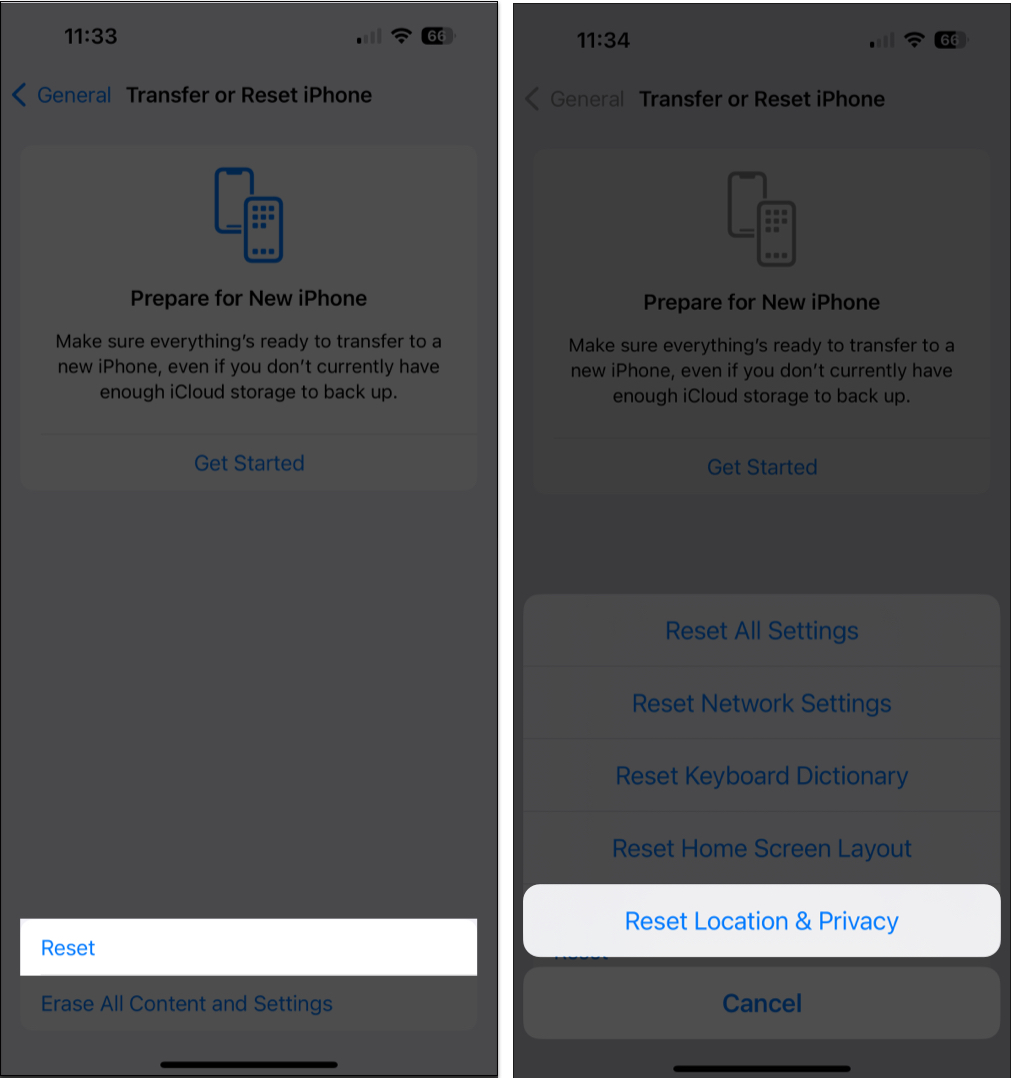 Reset → Reset Location & Privacy