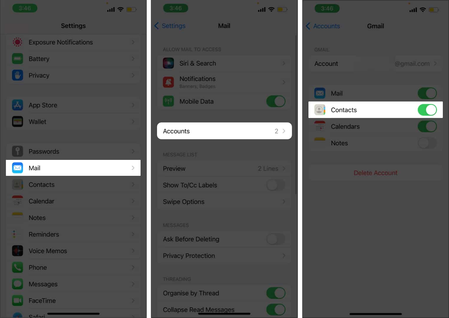 Restore contacts through Gmail on iOS device