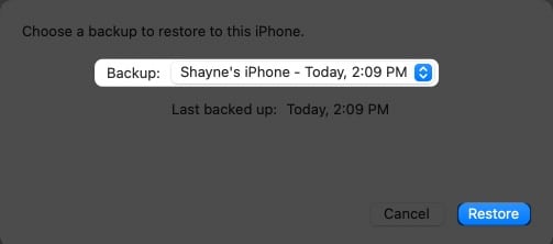 Restoring backup on an iPhone via iTunes