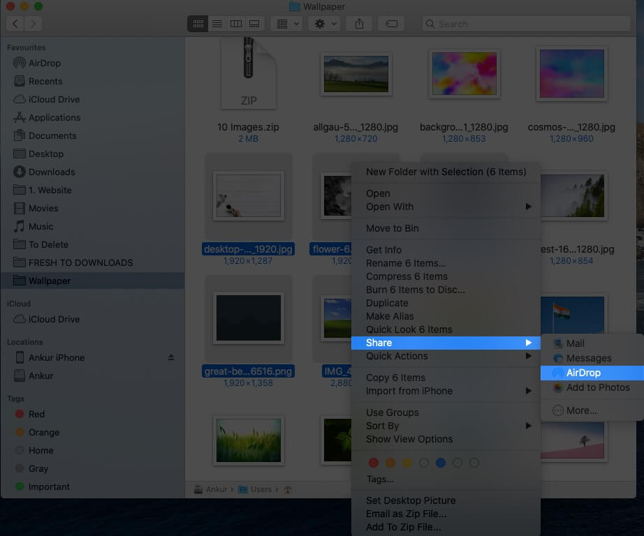 Right Click on Photos and Select Share and Click on AirDrop on Mac
