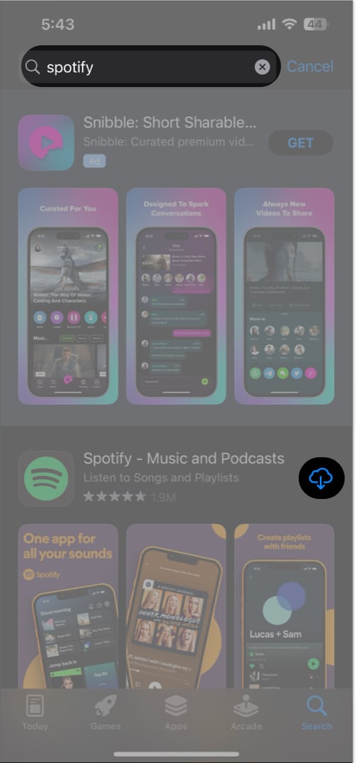 Search Spotify, tap download icon in App Store