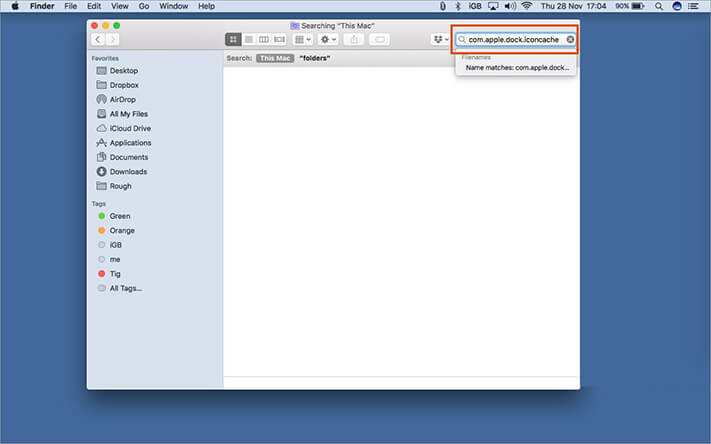 Search apple dock iconcache in Finder search box on mac