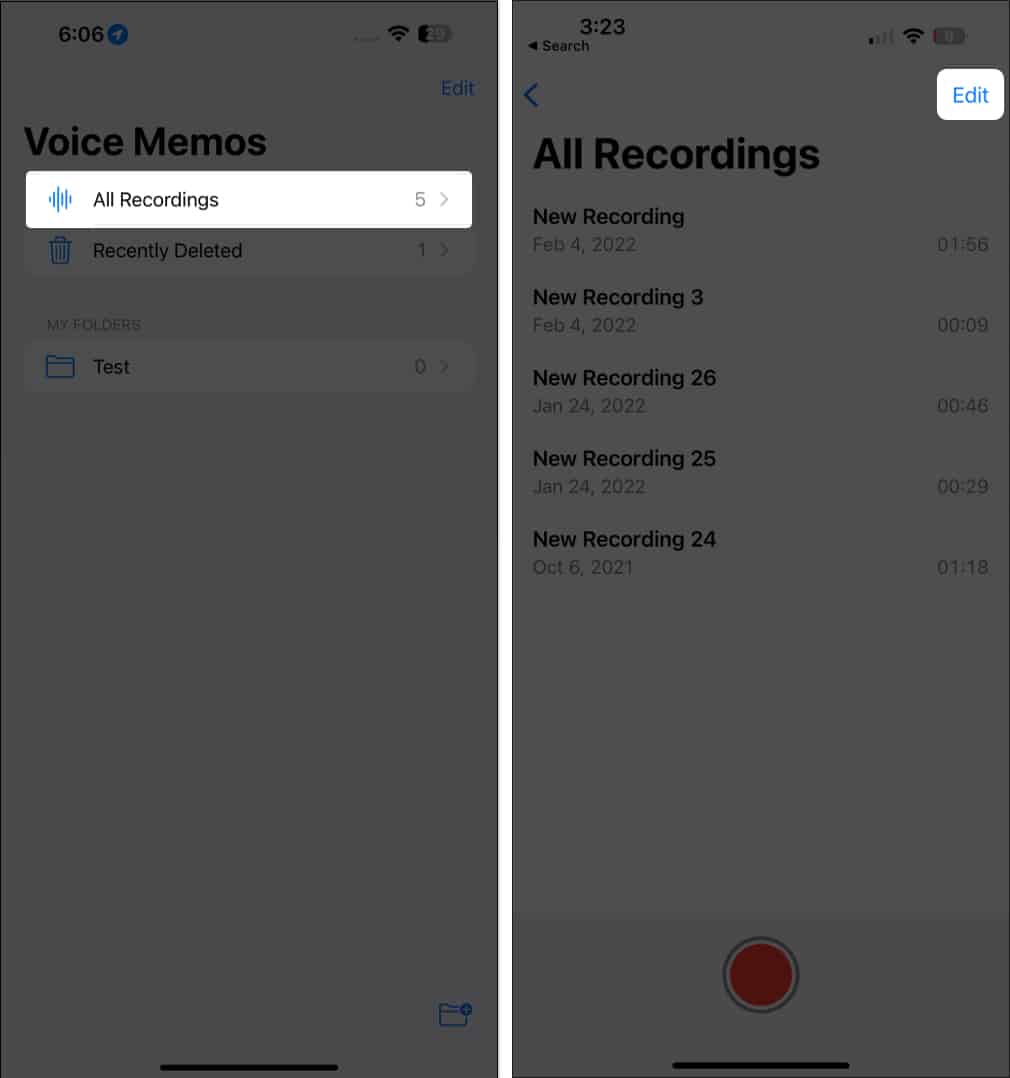Select All Recordings and Tap Edit