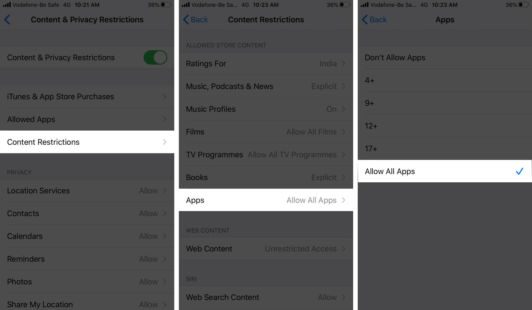 Select Allow All Apps in Content Restrictions on iPhone