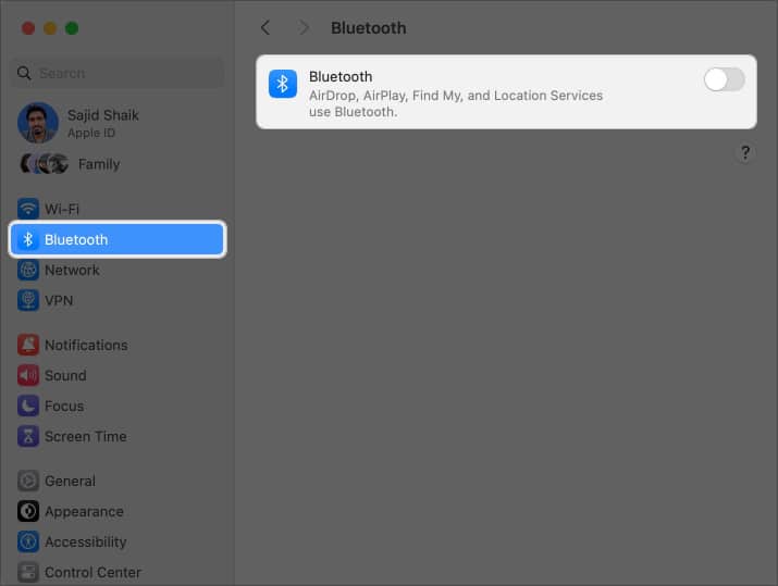 Select Bluetooth and toggle of Bluetooth on Mac