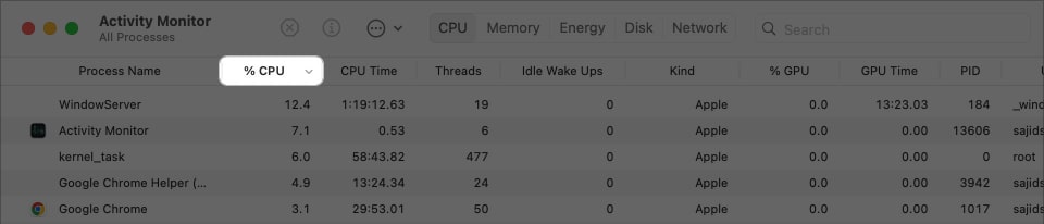 Pilih CPU dalam Monitor Aktiviti pada Mac