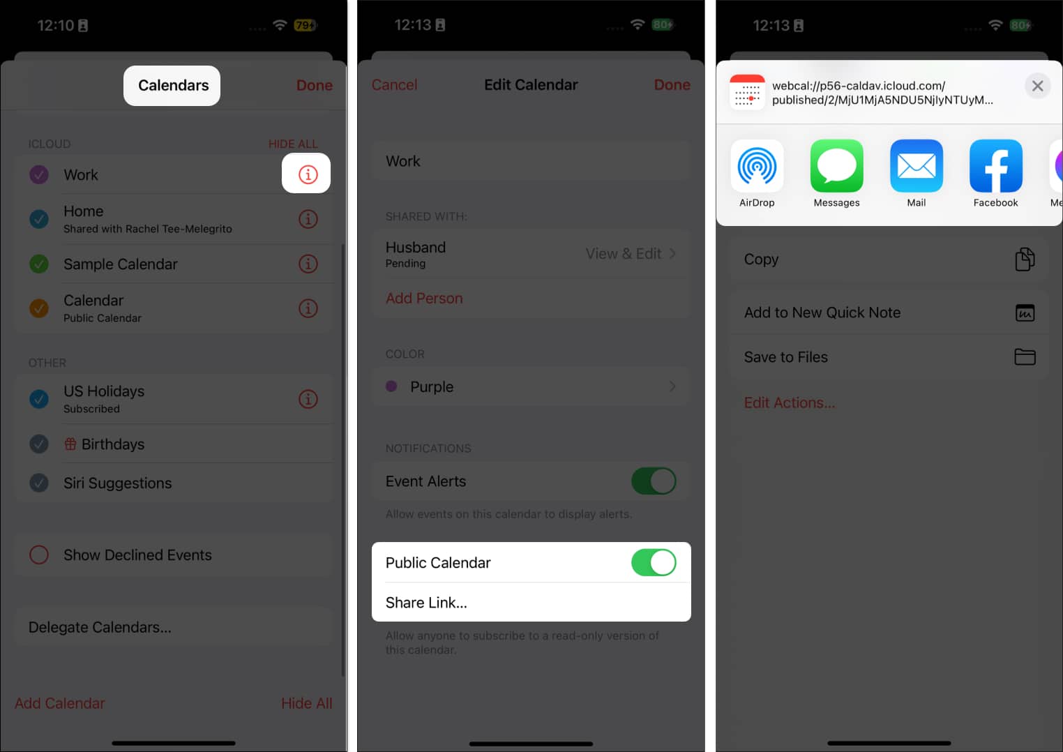 Select Calendar, tap info icon, toggle on Public Calendar and share link