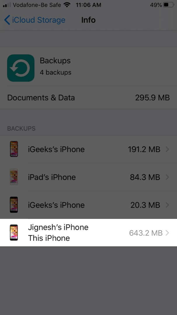 Select Device in iCloud Backups on iPhone