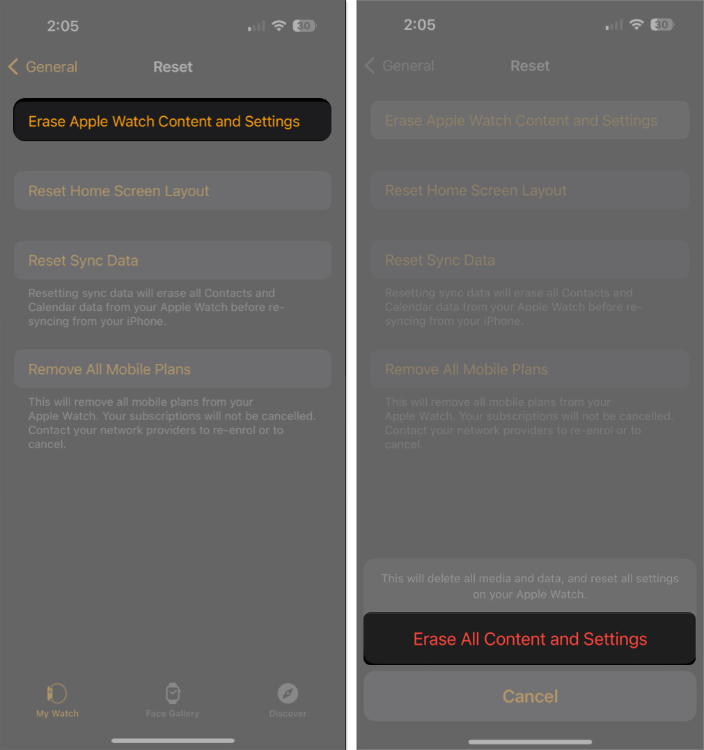 Select Erase Apple Watch Content and Settings, Tap Erase All Content and Settings