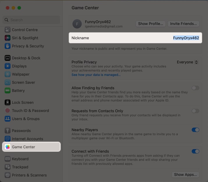 Válassza a Game Center lehetőséget, és módosítsa a nevet a Becenév lapon kívül a Mac rendszeren