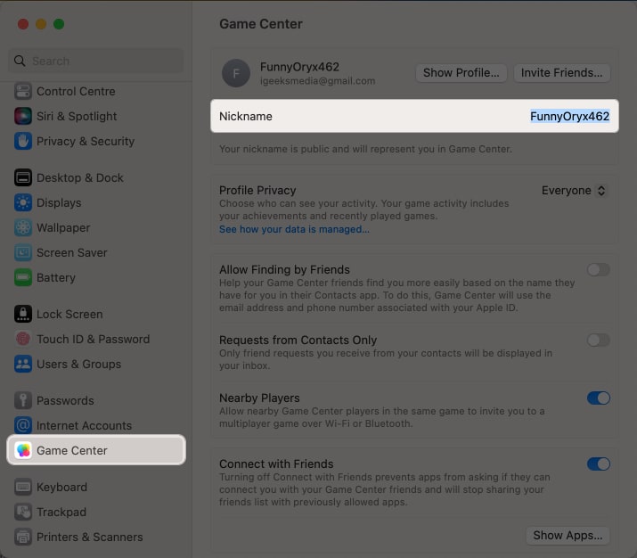 Επιλέξτε Game Center και επεξεργαστείτε το όνομα εκτός από την καρτέλα Nickname στο Mac