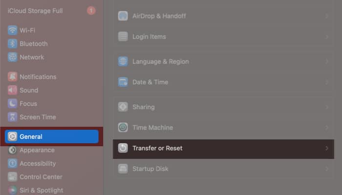 Select General in the sidebar, then click Transfer of Reset