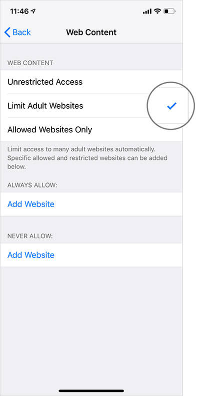 Select Limit Adult Websites in iOS 12