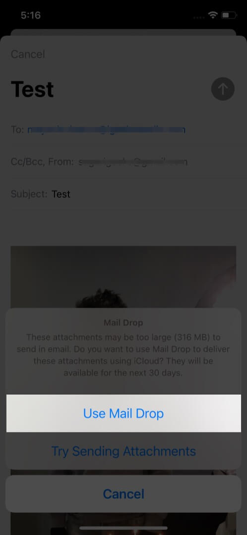 Select Mail Drop to send large files attachments via email from iPhone