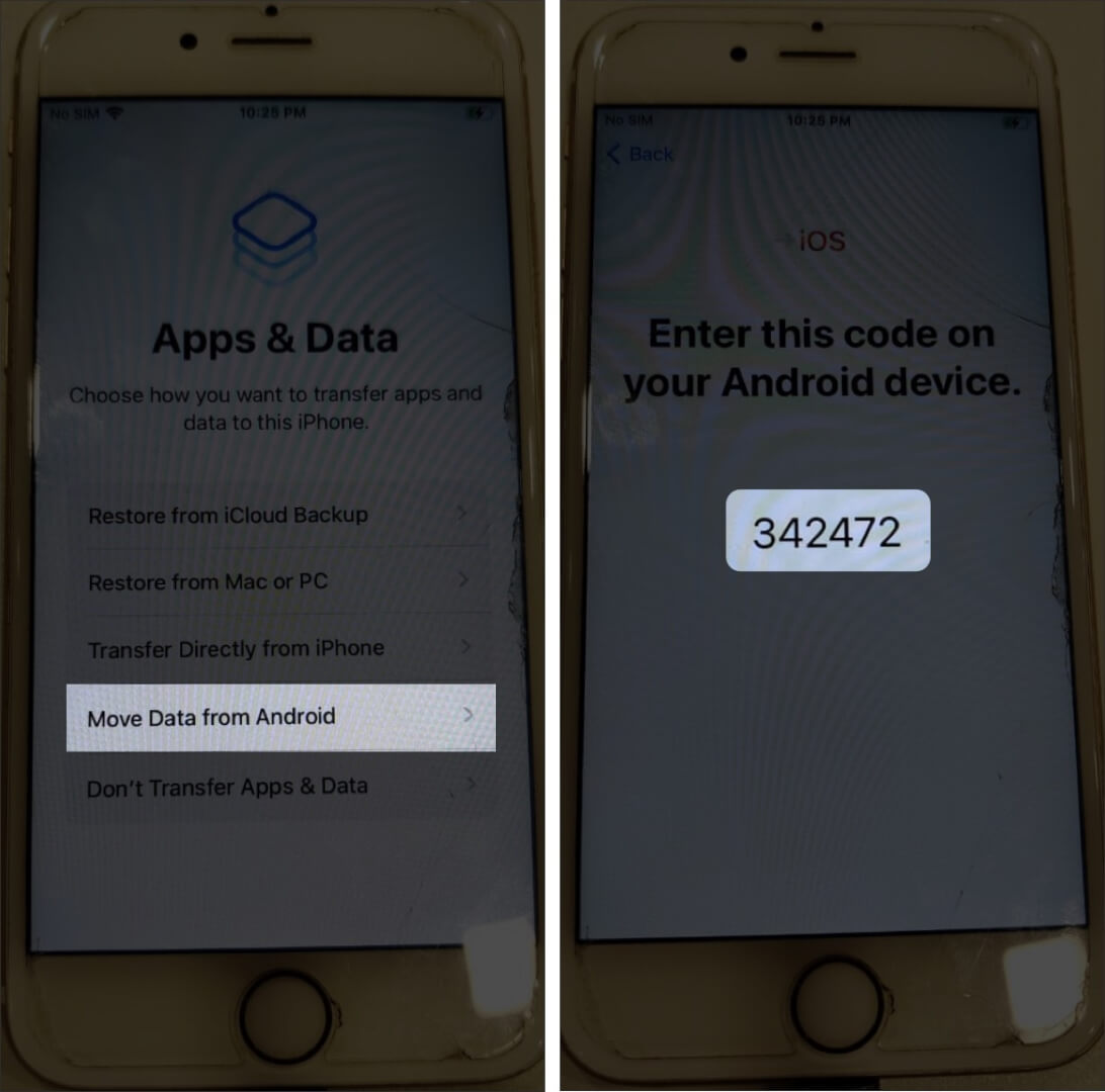 Select Move Data from Android and screen will display code on iPhone