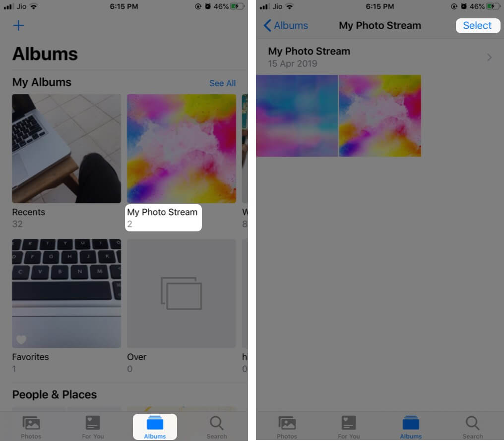 Select My Stream Album in iPhone Camera Roll