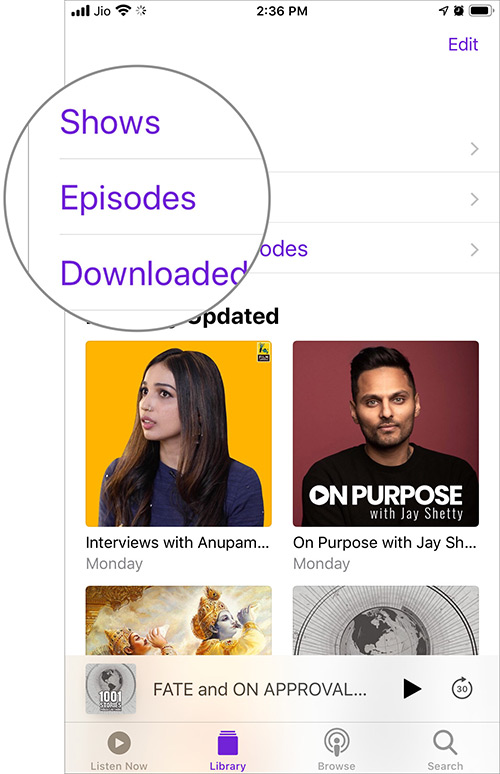 Select Preferred Option in Podcasts Library on iPhone