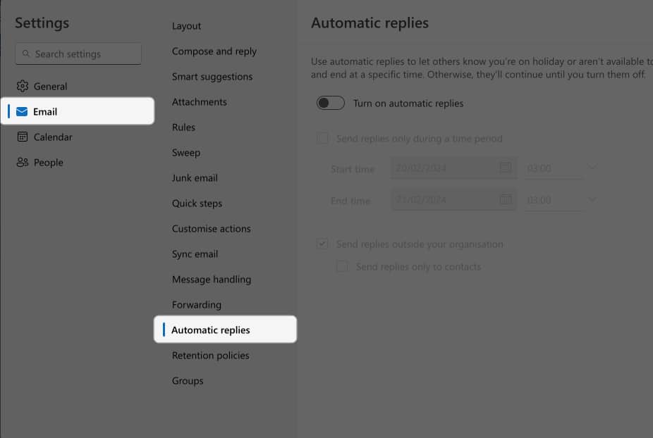 Select Settings, choose Email and go to Automatic replies in Outlook