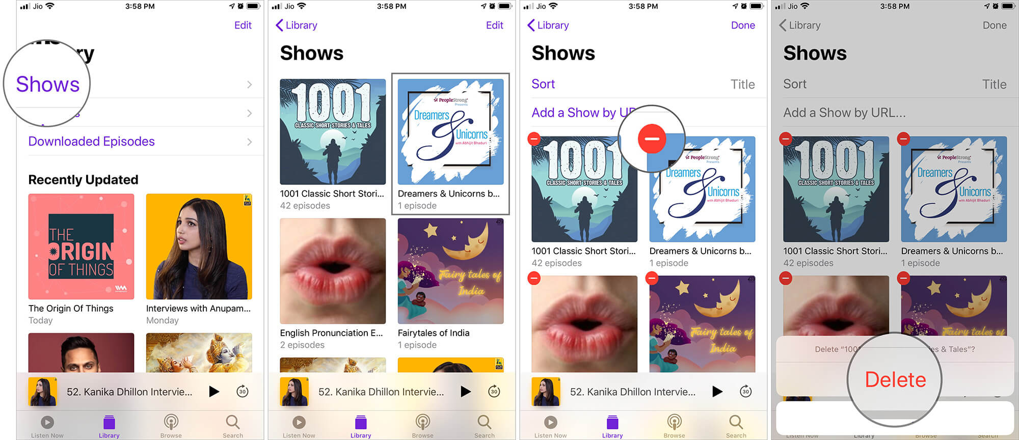 Select Show and Tap on Delete to Remove Show from Podcasts App on iPhone