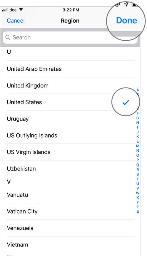 Select United States and Tap on Done in iOS Settings