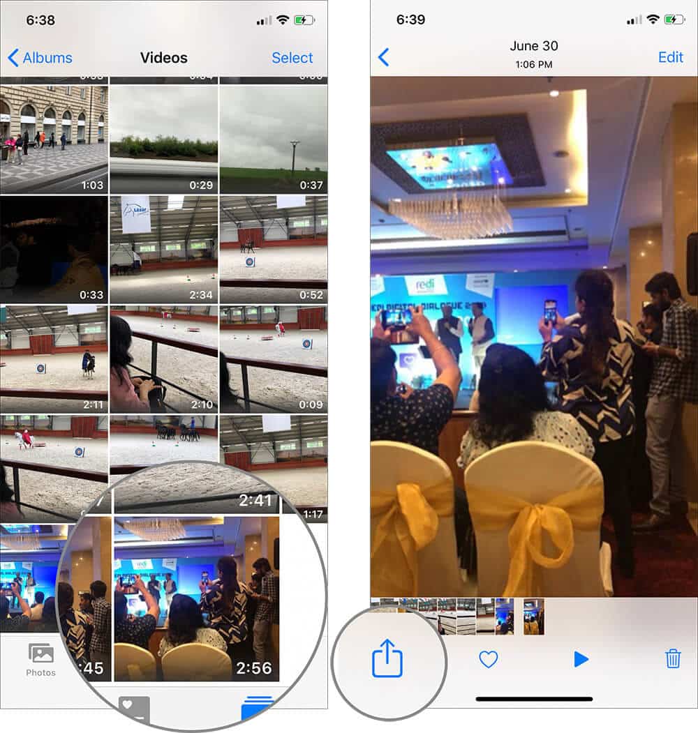 Select video and tap on share sheet on iphone or ipad