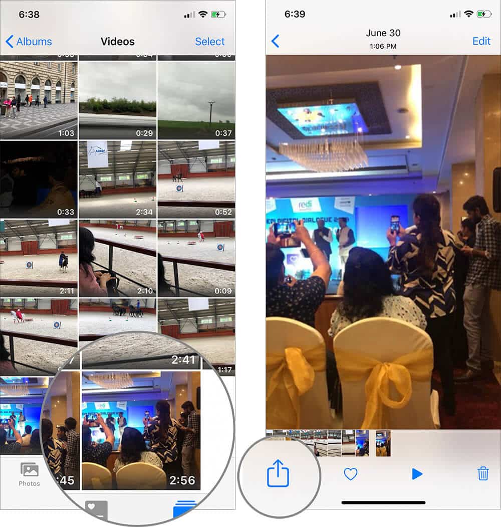 Select Video and Tap on Share Sheet on iPhone or iPad