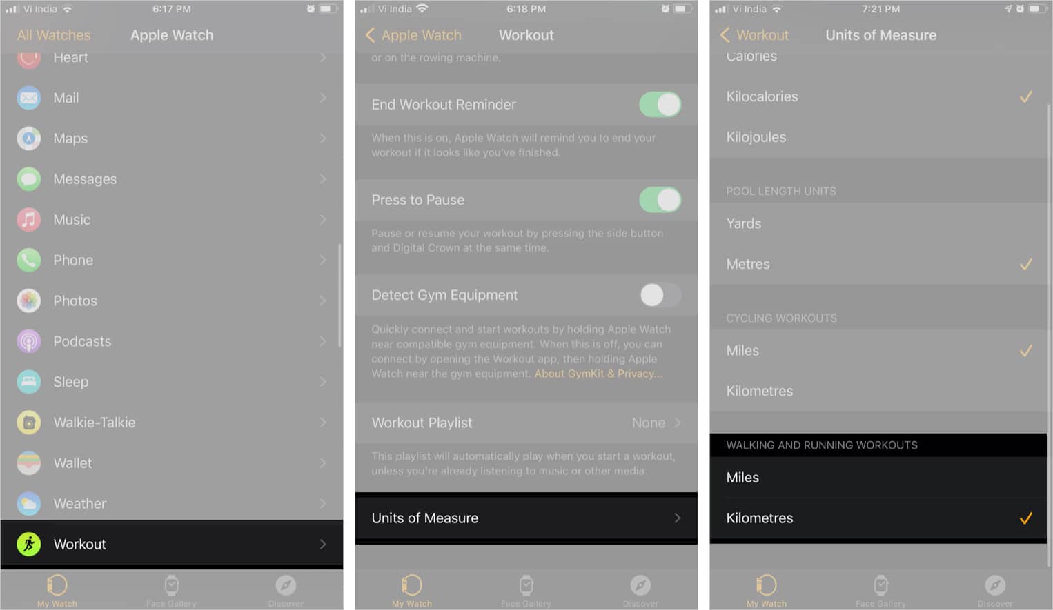 Select Workout, tap Units of Measure in Watch app, select Miles or Kilometers