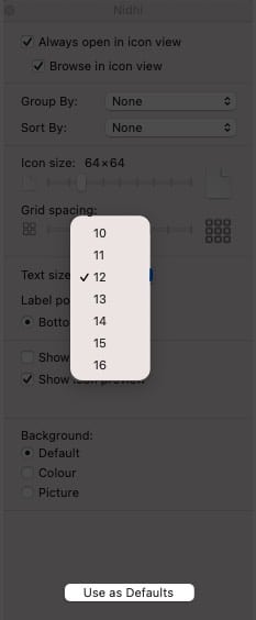 Select font size and se as default on Mac finder