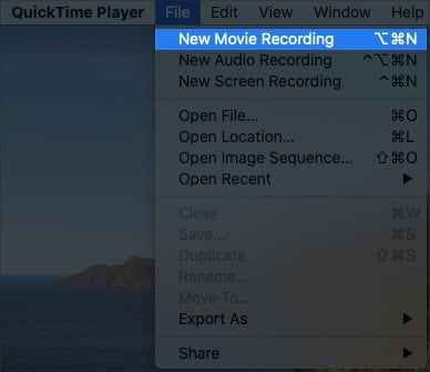 Select new movie recording in QuickTime Player on Mac