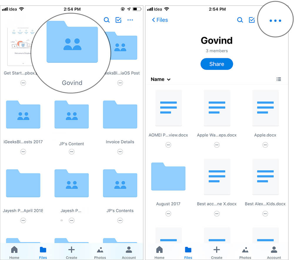 Select the File or Folder you wish to share in iOS dropbox app