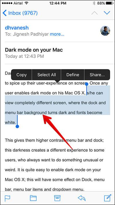 Select the Text in Mail on iPhone You Want to Quote