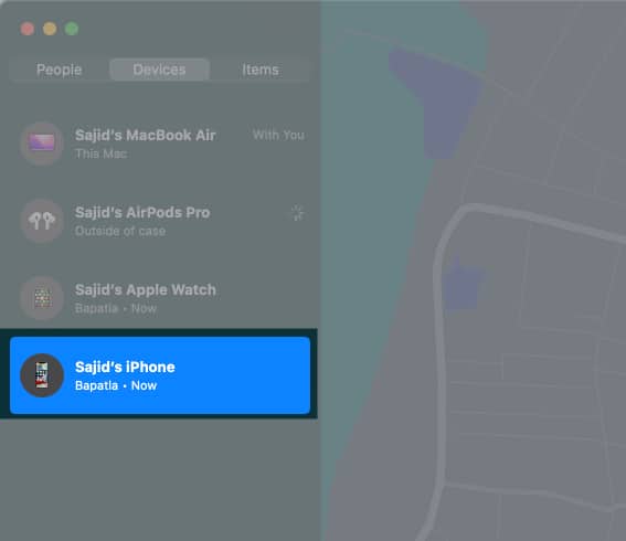Select your disabled iPhone in Find My App