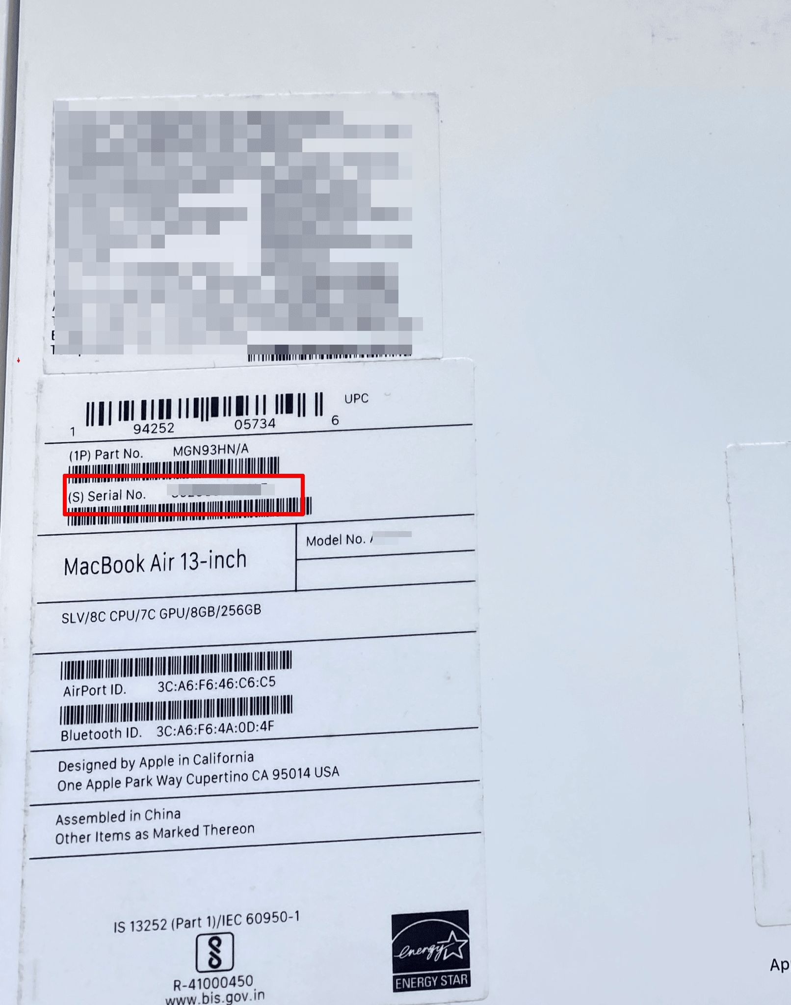 Serial number at the back of Macbook box