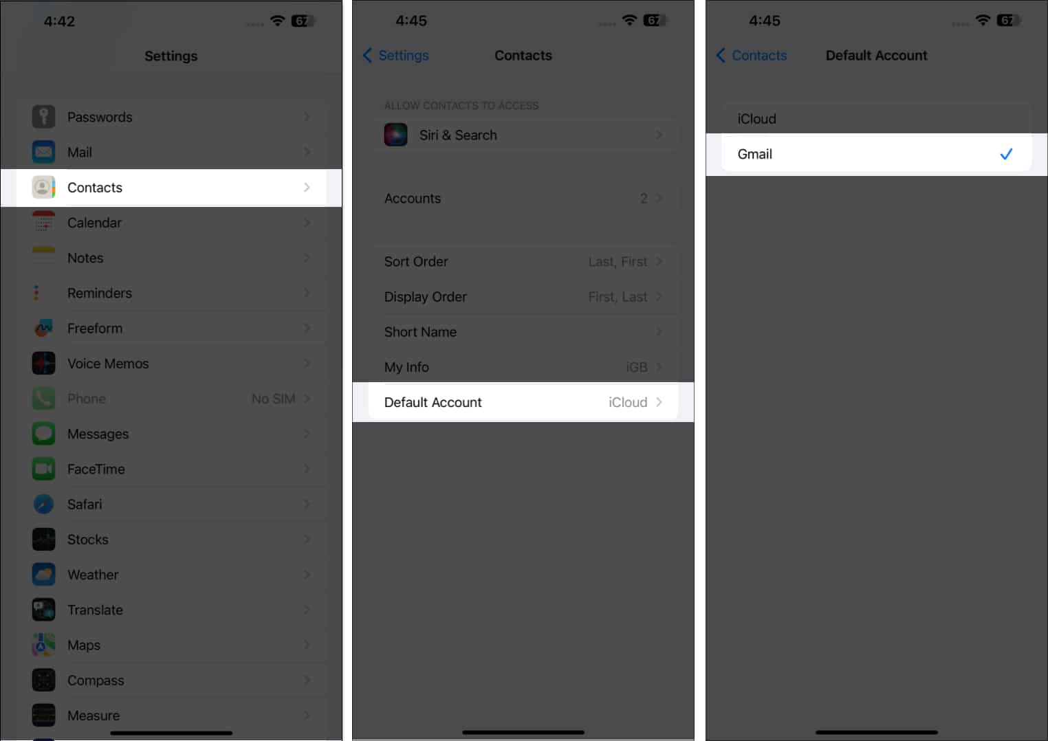 Set Gmail contacts as the default on iPhone
