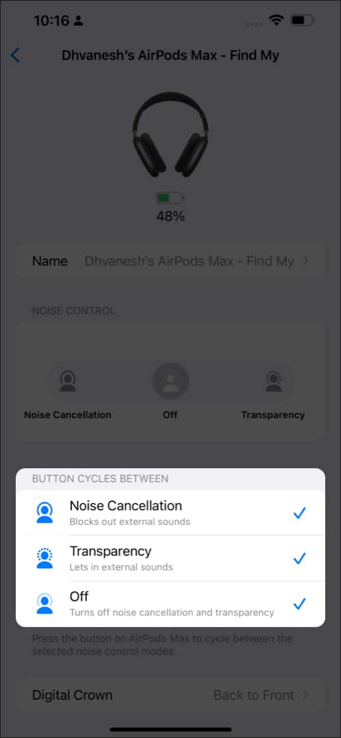 Set Noise Control Button Cycle