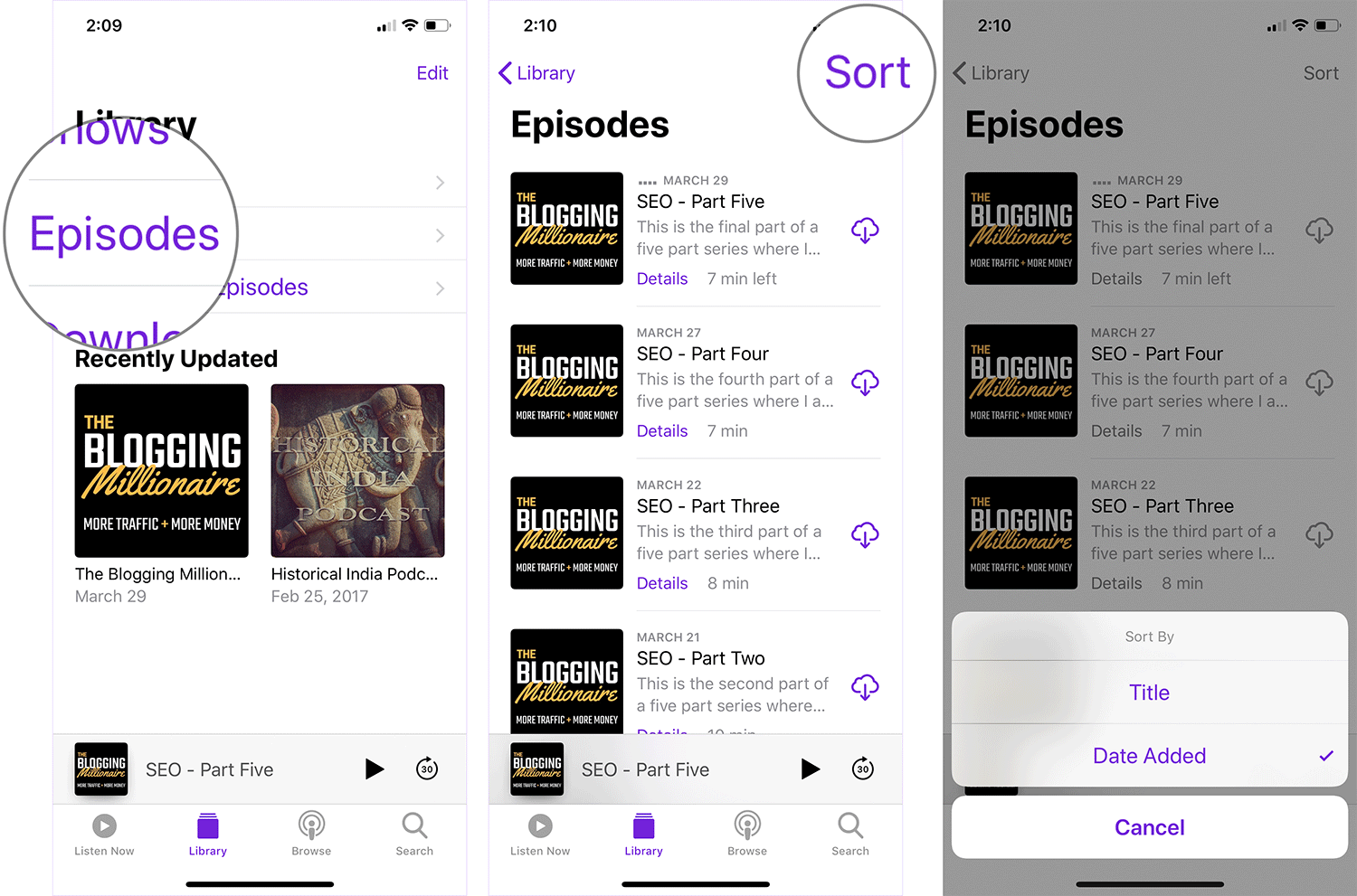 Sort Episodes in Podcasts App on iPhone or iPad