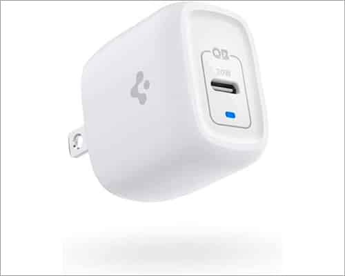 white colored wall charger for iPhone by Spigen