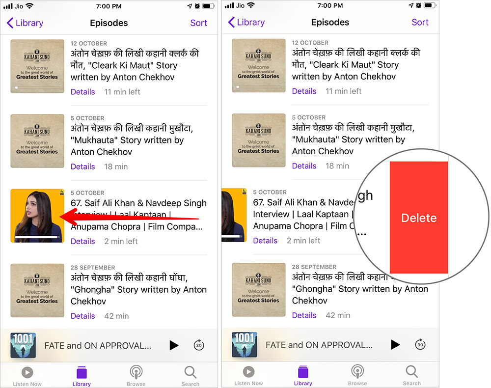 Swipe Left and Tap on Delete to Remove Episode from iPhone Podcasts App