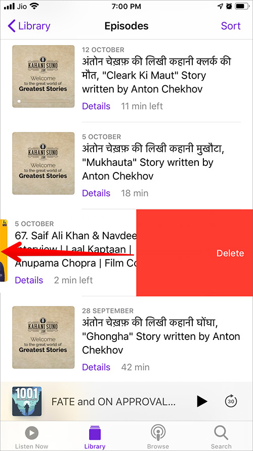 Swipe Left from Right to Delete Episode in Podcasts App on iPhone