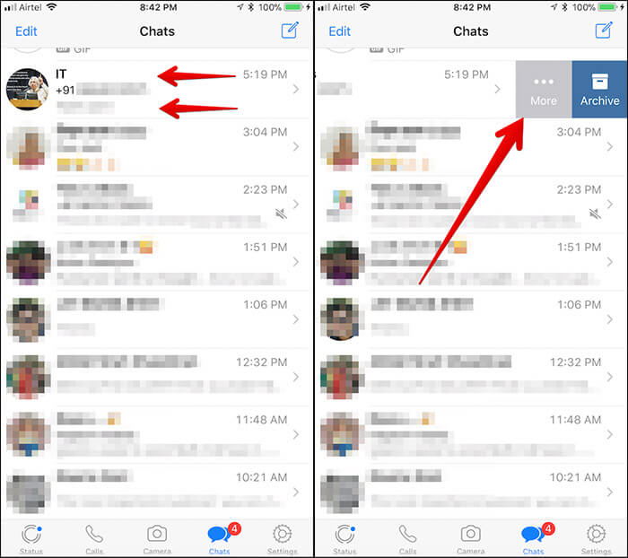 Swipe on Group or Contact Name and Tap on More in WhatsApp on iPhone