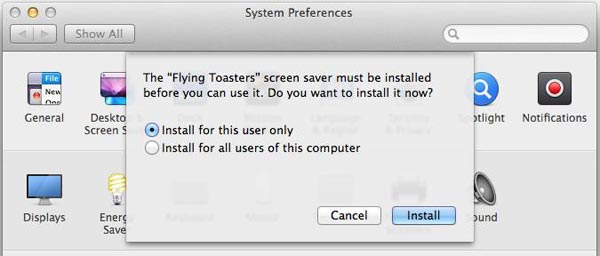 System Preferences Screen Saver Window on Mac OS X