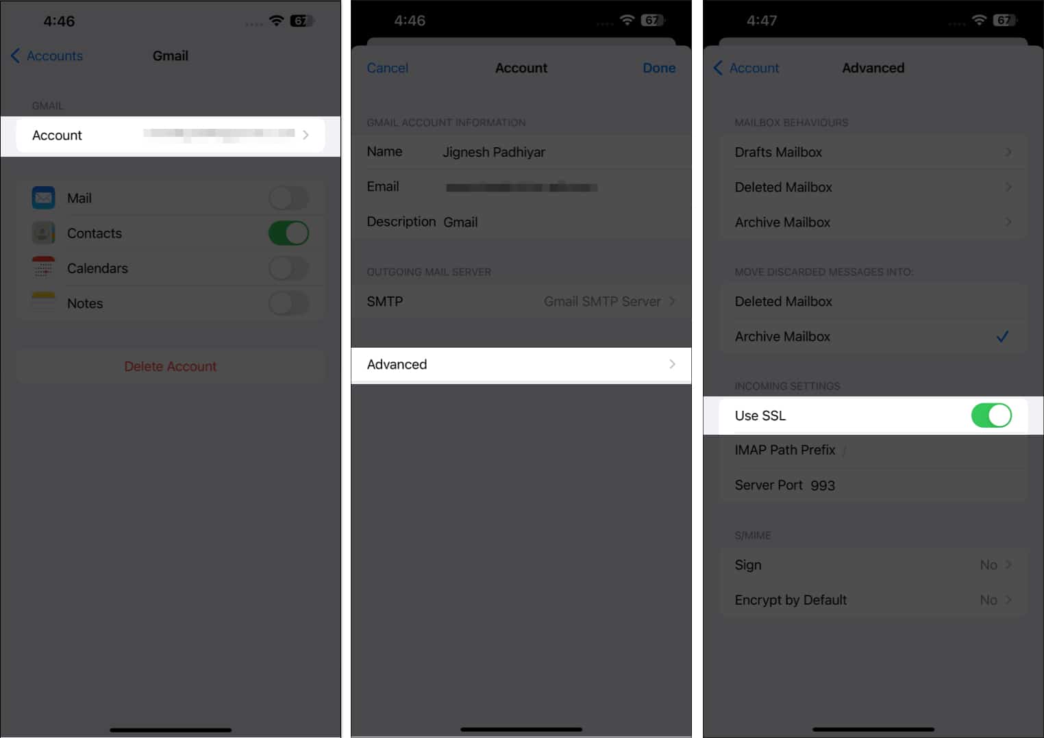 Tap Account, Advanced and Turn on Use SSL on iPhone