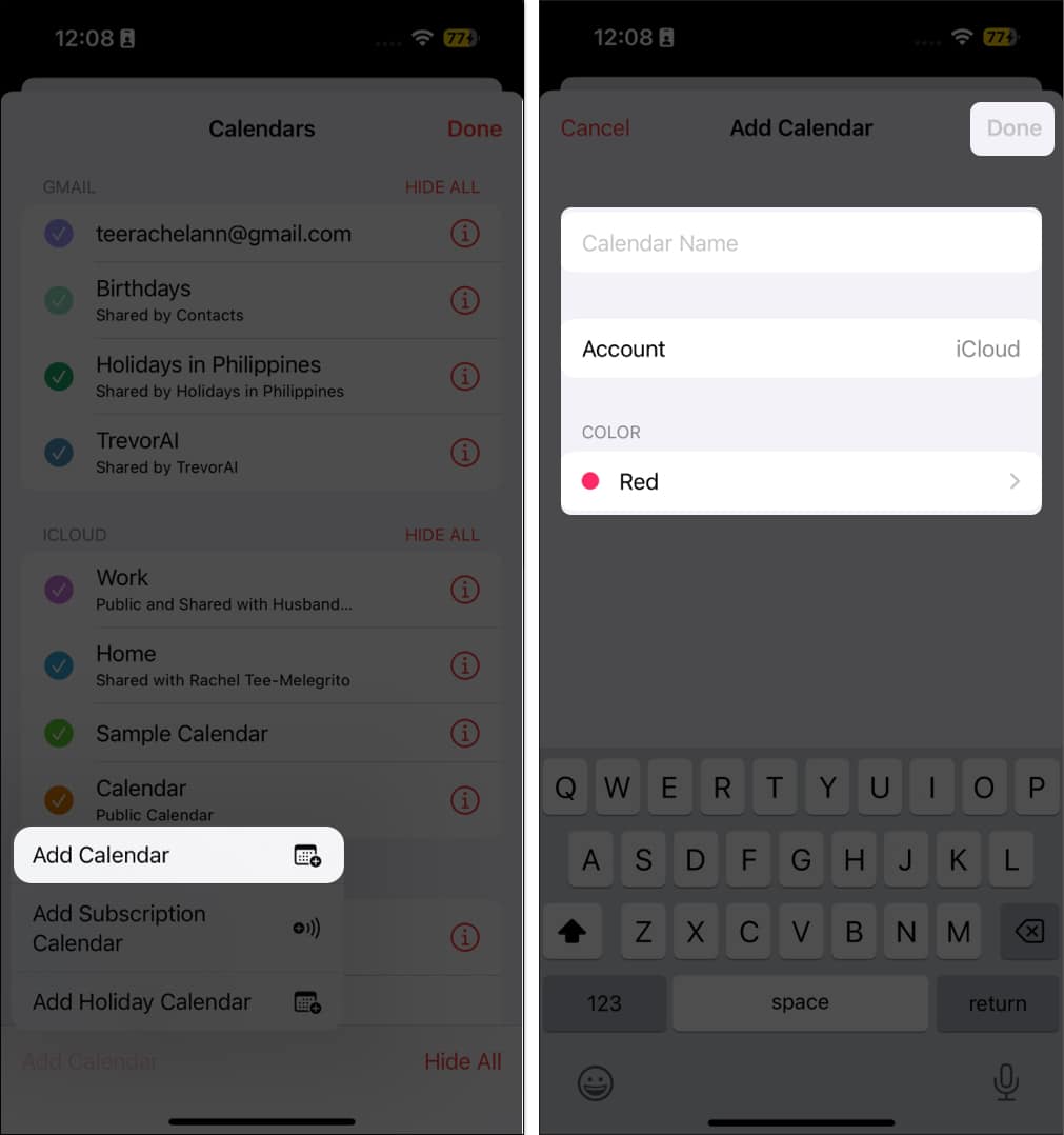 Tap Add Calendar then add details and tap Done