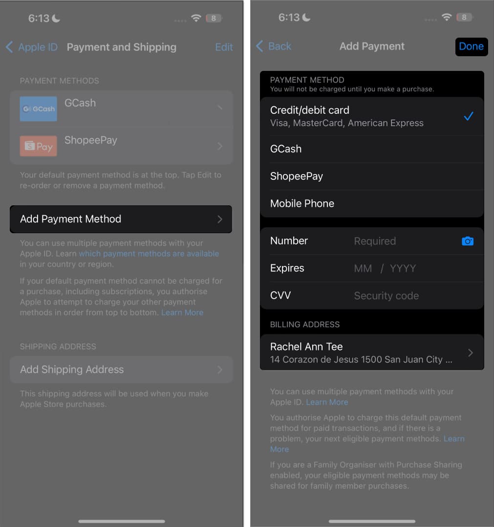 Tap Add Payment Method, fill details and tap Done