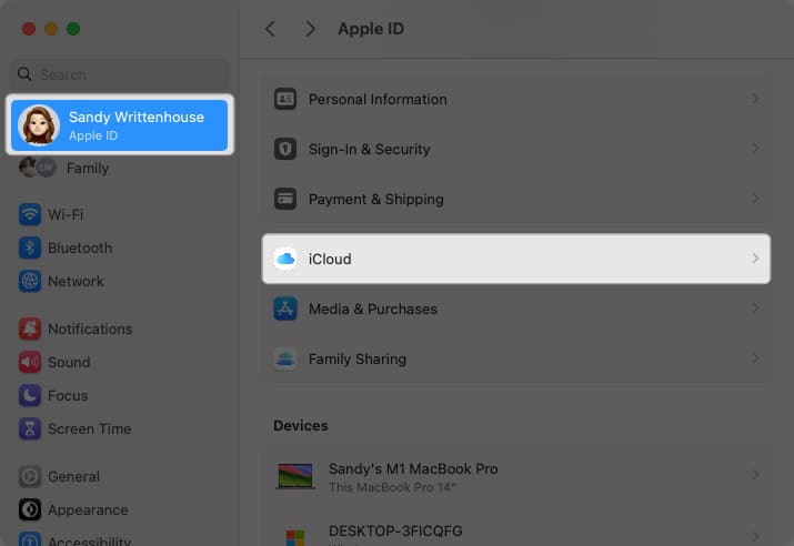 Tap Apple ID and Select iCloud on Mac