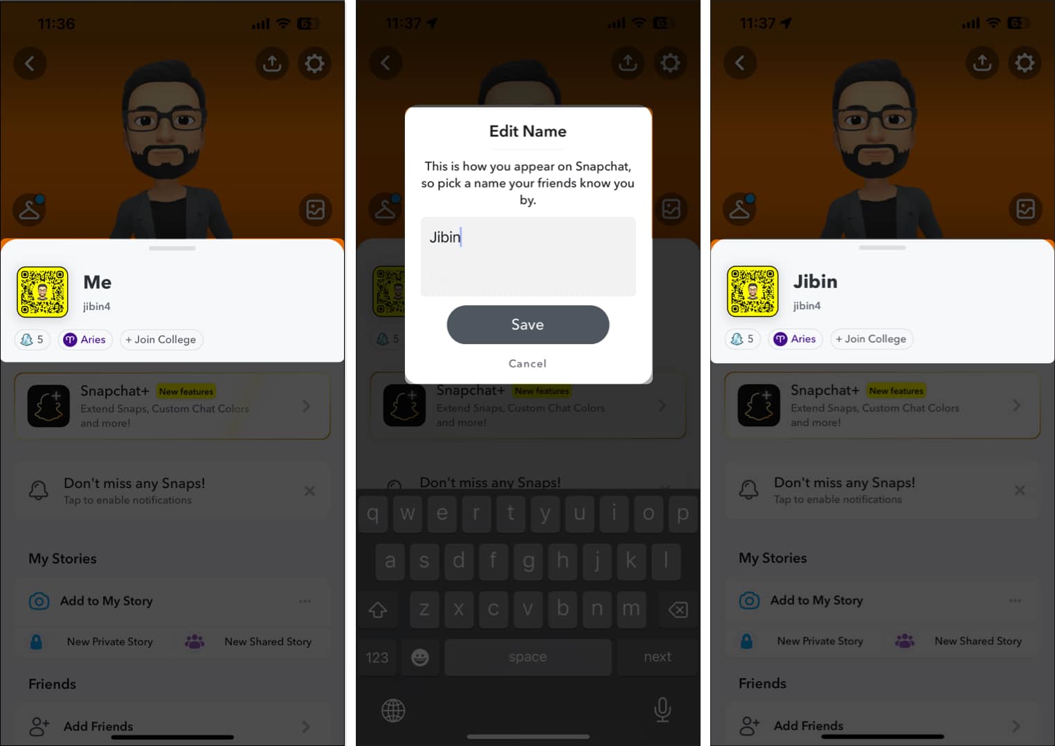 Tap Bitmoji select your name change name choose save