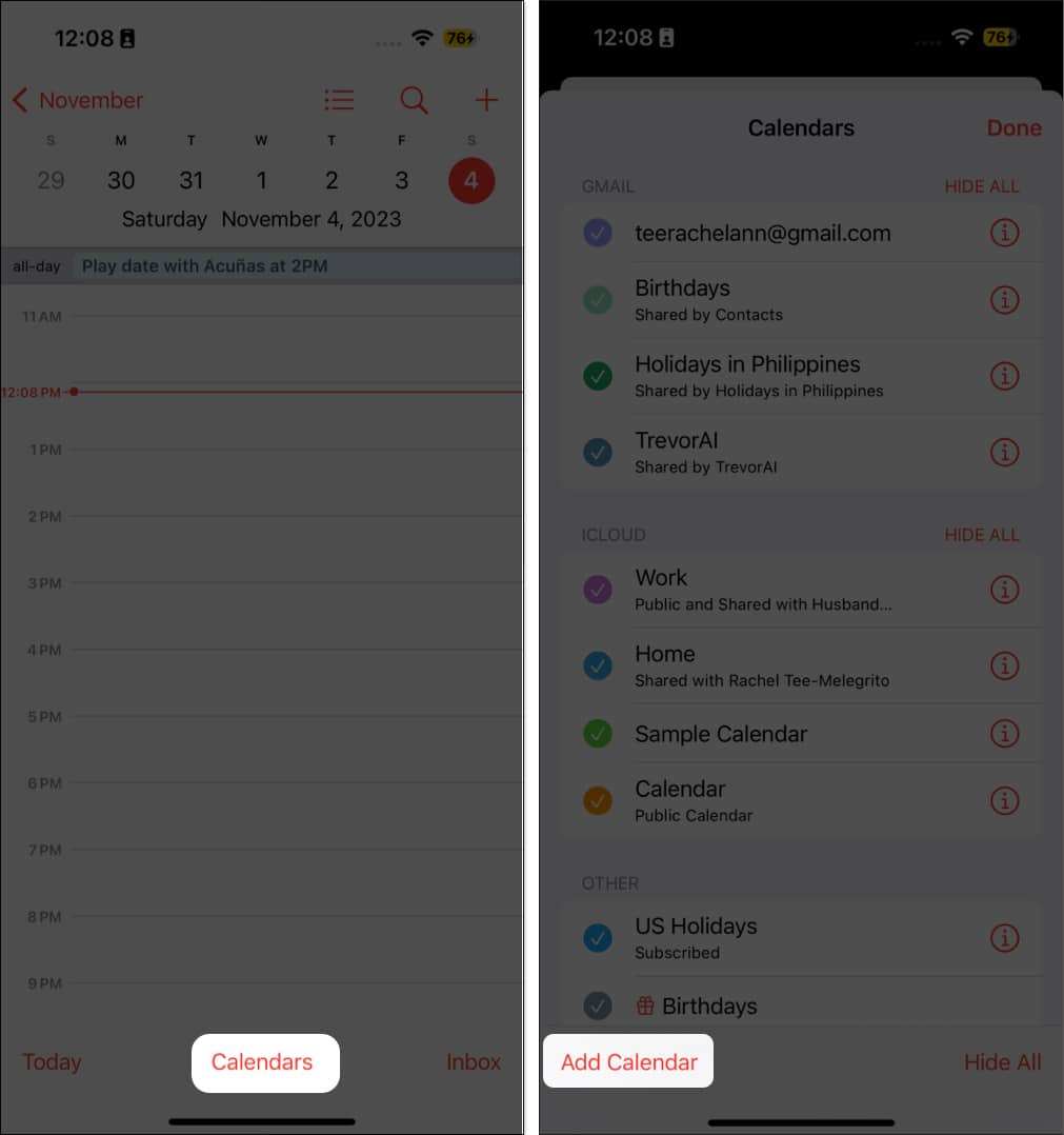Tap Calendars at bottom and select Add Calendar
