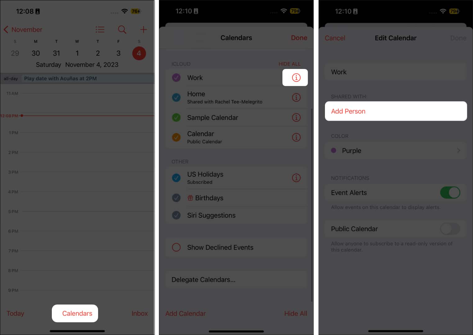 Tap Calendars, tap the Info button and Select Add Person